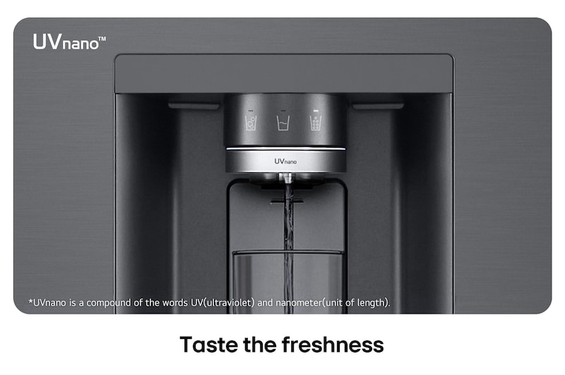 Close-up of the dispenser on the LG Multi-Door Refrigerator GMF960EV4E in matte black steel, highlighting the UVnano™ technology that uses UV light to clean the water nozzle.