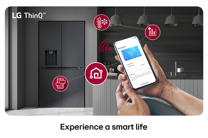 LG Multi-Door Refrigerator GMF960EV4E in a matte black finish, controlled remotely by hands adjusting the settings via the LG ThinQ™application on a smartphone.