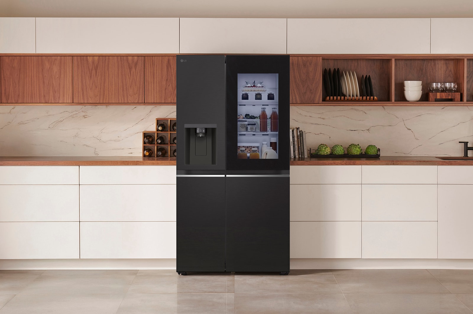 LG Side-by-Side Refrigerator GSGV81EPLD in a matte black steel finish, featuring InstaView™ Door-in-Door® and a dispenser, integrated into a modern kitchen with white and wood cabinets.