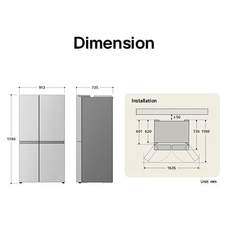 LG Side-by-Side Refrigerator GSGV81EPLD displaying the detailed installation dimensions and product size, including a height of 1790 mm, width of 913 mm, and depth of 735 mm.