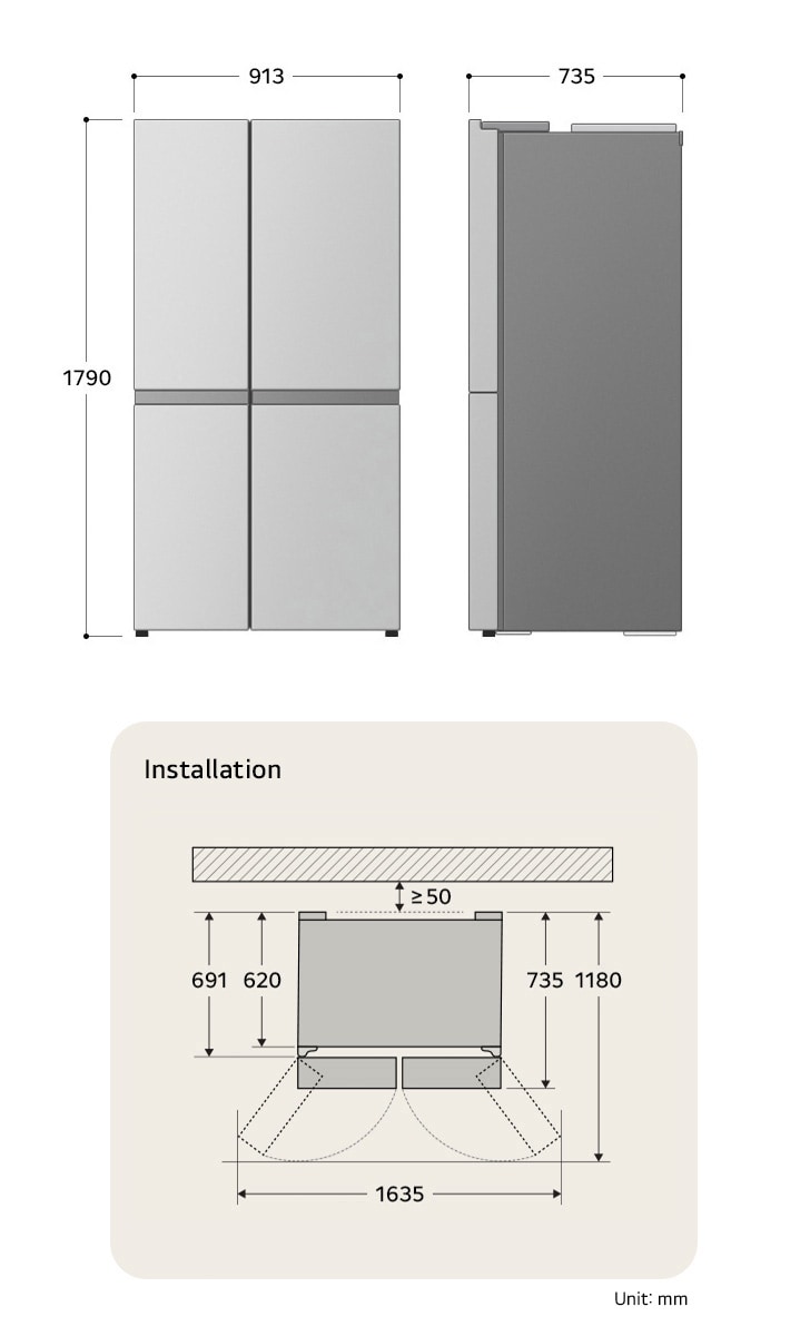 LG Side-by-Side Refrigerator GSGV80PYLL displaying the detailed installation dimensions and product size, including a height of 1790 mm, width of 913 mm, and depth of 735 mm.