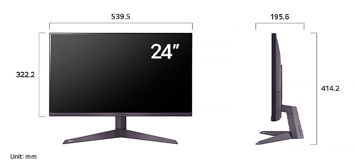 LG UltraGear Monitor 24GS50F displaying product dimensions in front and side profile, measuring 539.5 mm width, 322.2 mm display height, 414.2 mm total height, and 195.6 mm depth.