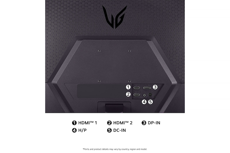 Rear view of the LG UltraGear Monitor 24GS50F, illustrating the port specifications including two HDMI™ ports (HDMI™ 1, HDMI™ 2), one DP-IN port, one H/P (Headphone) port, and the DC-IN power input.