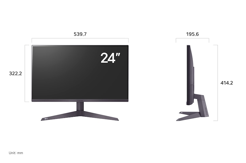 LG UltraGear Monitor 24GS50F displaying product dimensions in front and side profile, measuring 539.5 mm width, 322.2 mm display height, 414.2 mm total height, and 195.6 mm depth.