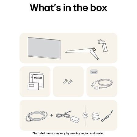 Image of the accessories included with the LG UltraGear Monitor 27GS50F, detailing the manual, AC power adapter, and the included HDMI or DisplayPort cable options.
