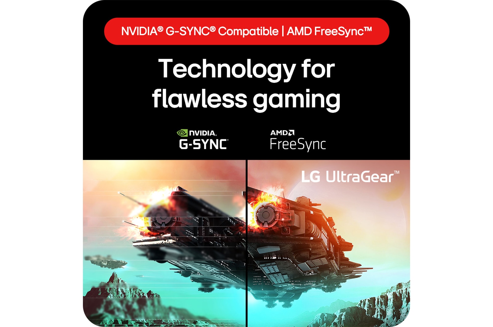 LG UltraGear Gaming Monitor 24GS60F, providing technology for flawless gaming through compatibility with NVIDIA® G-SYNC® and AMD FreeSync™.