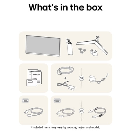 Image of the accessories included with the LG UltraGear Monitor 24GS60F, detailing the manual, AC power adapter, and the included HDMI or DisplayPort cable options.