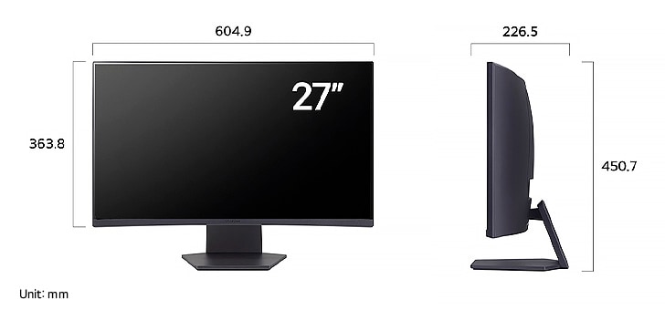 LG UltraGear Monitor 27GS60QC displaying product dimensions in front and side profile, measuring 604.9 mm width, 363.8 mm display height, 450.7 mm total height, and 226.5 mm depth.