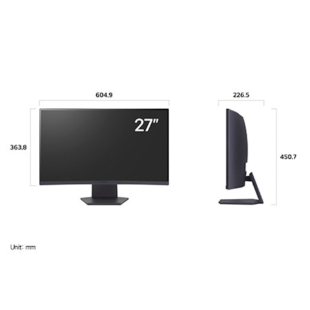 LG UltraGear Monitor 27GS60QC displaying product dimensions in front and side profile, measuring 604.9 mm width, 363.8 mm display height, 450.7 mm total height, and 226.5 mm depth.