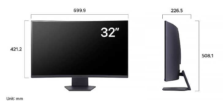 LG UltraGear Monitor 32GS60QC displaying product dimensions in front and side profile, measuring 699.9 mm width, 421.2 mm display height, 508.1 mm total height, and 226.5 mm depth.