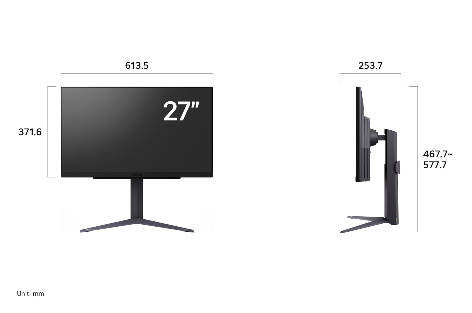 LG UltraGear Monitor 27GS75Q displaying product dimensions in front and side profile, measuring 613.5 mm width, 371.6 mm display height, 467.7 mm total height, and 253.7 mm depth.