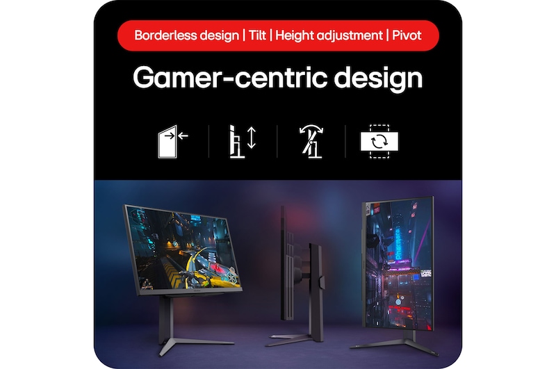 LG UltraGear Gaming Monitor 27GS75Q showcasing its Gamer-oriented Design with Borderless Design, Tilt, Height adjustment, and Pivot functionality.