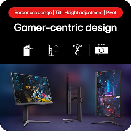 LG UltraGear Gaming Monitor 27GS75Q showcasing its Gamer-oriented Design with Borderless Design, Tilt, Height adjustment, and Pivot functionality.
