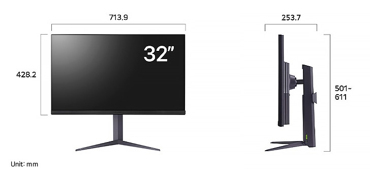LG UltraGear Monitor 32GS75Q displaying the product dimensions in front and side profile, including a width of 713.9 mm, display height of 428.2 mm, total height of 501 mm, and depth of 253.7 mm.