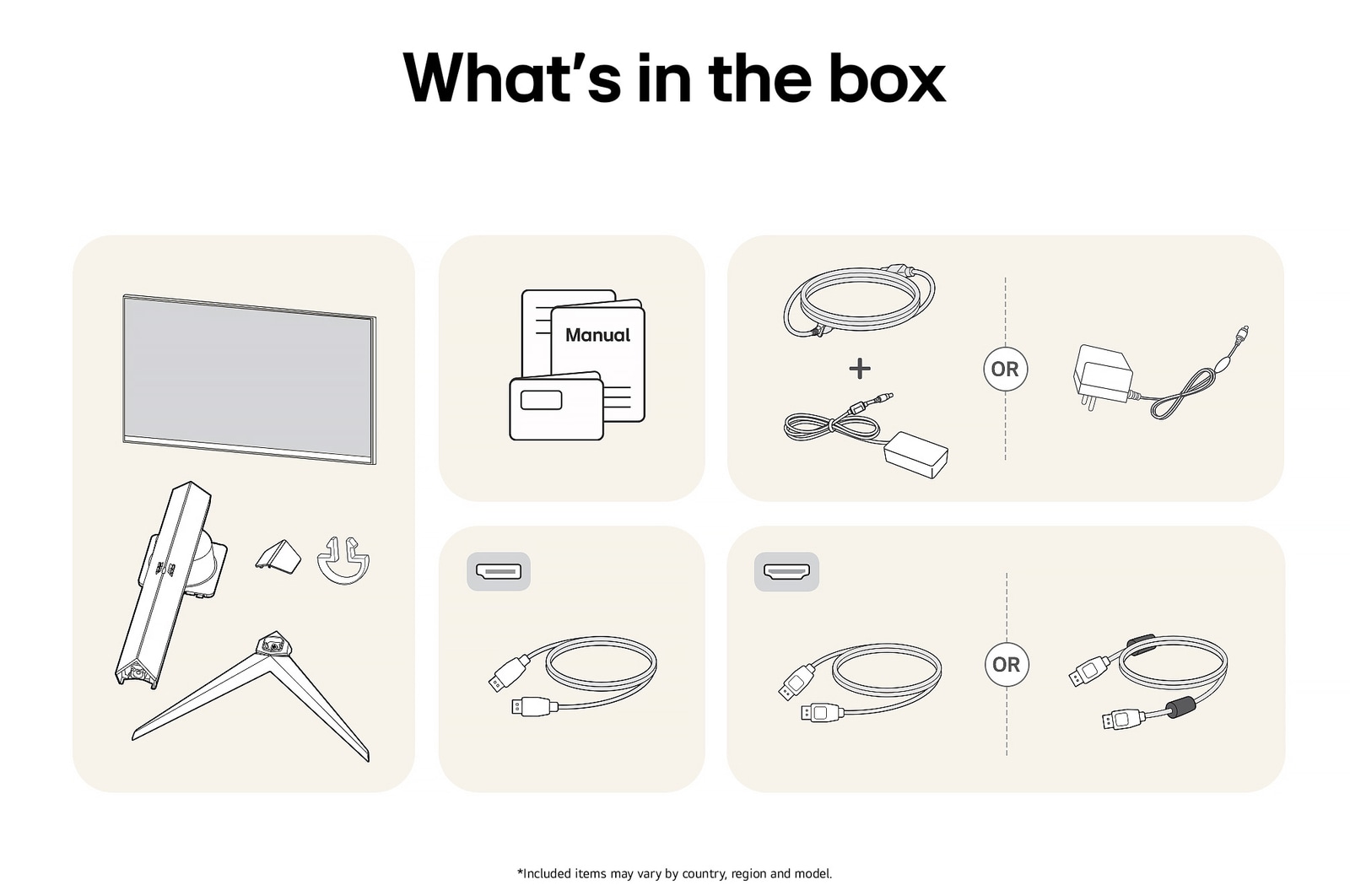 LG UltraGear Gaming Monitor 32GS75Q showing an overview of all included components, including the monitor body, stand parts, manual, and HDMI and DP cables.