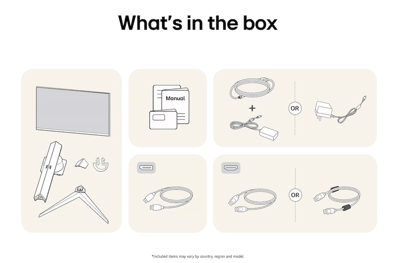 LG UltraGear Gaming Monitor 32GS75Q showing an overview of all included components, including the monitor body, stand parts, manual, and HDMI and DP cables.