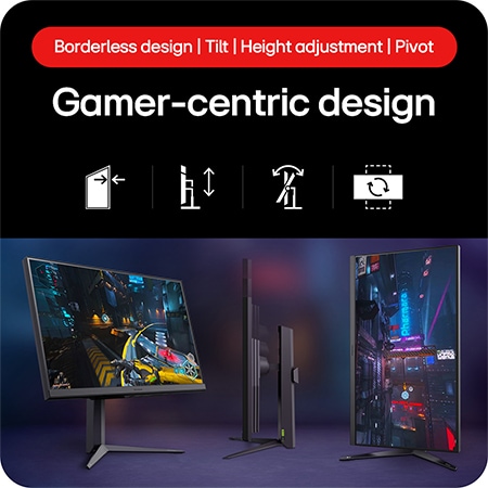 LG UltraGear Gaming Monitor 32GS75Q showcasing its Gamer-oriented Design with Borderless Design, Tilt, Height adjustment, and Pivot functionality.