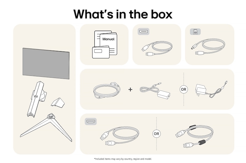 Contents of the LG UltraGear™ Gaming Monitor 27GS85Q-B box: 27-inch display, stand components, manuals, plus HDMI, DisplayPort, and USB cables, and the power cable/adapter.