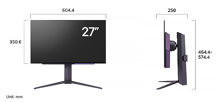 LG UltraGear Monitor 27GS95QE-B displaying product dimensions in front and side profile, measuring 604.4 mm width, 350.6 mm display height, 464.4 mm total height, and 258 mm depth.