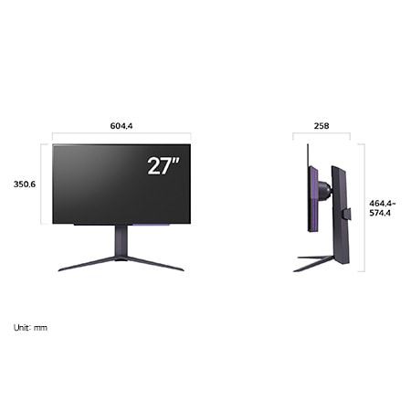 LG UltraGear Monitor 27GS95QE-B displaying product dimensions in front and side profile, measuring 604.4 mm width, 350.6 mm display height, 464.4 mm total height, and 258 mm depth.