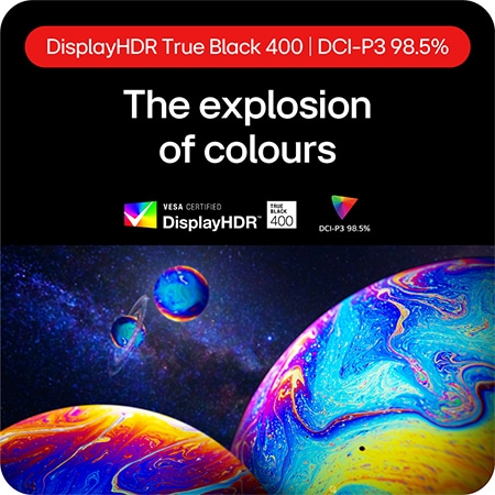 LG UltraGear Gaming Monitor 27GS95QE-B showcasing an explosion of colors thanks to DisplayHDR True Black 400 and DCI-P3 98.5% color gamut coverage.