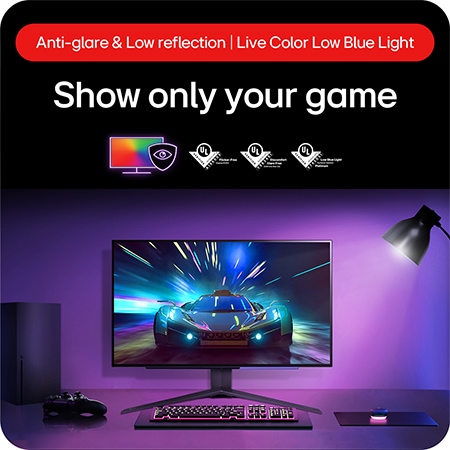 LG UltraGear Gaming Monitor 27GS95QE-B, featuring an anti-glare display with low reflection technology to minimize viewing distraction.