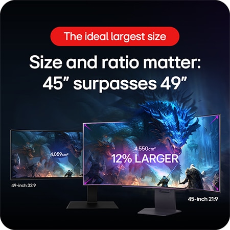 LG UltraGear Gaming Monitor 45GS95QE-B showing a size comparison, demonstrating the 45-inch 21:9 display is 12% larger with 4,550 cm² viewing area than a 49-inch 32:9 monitor.
