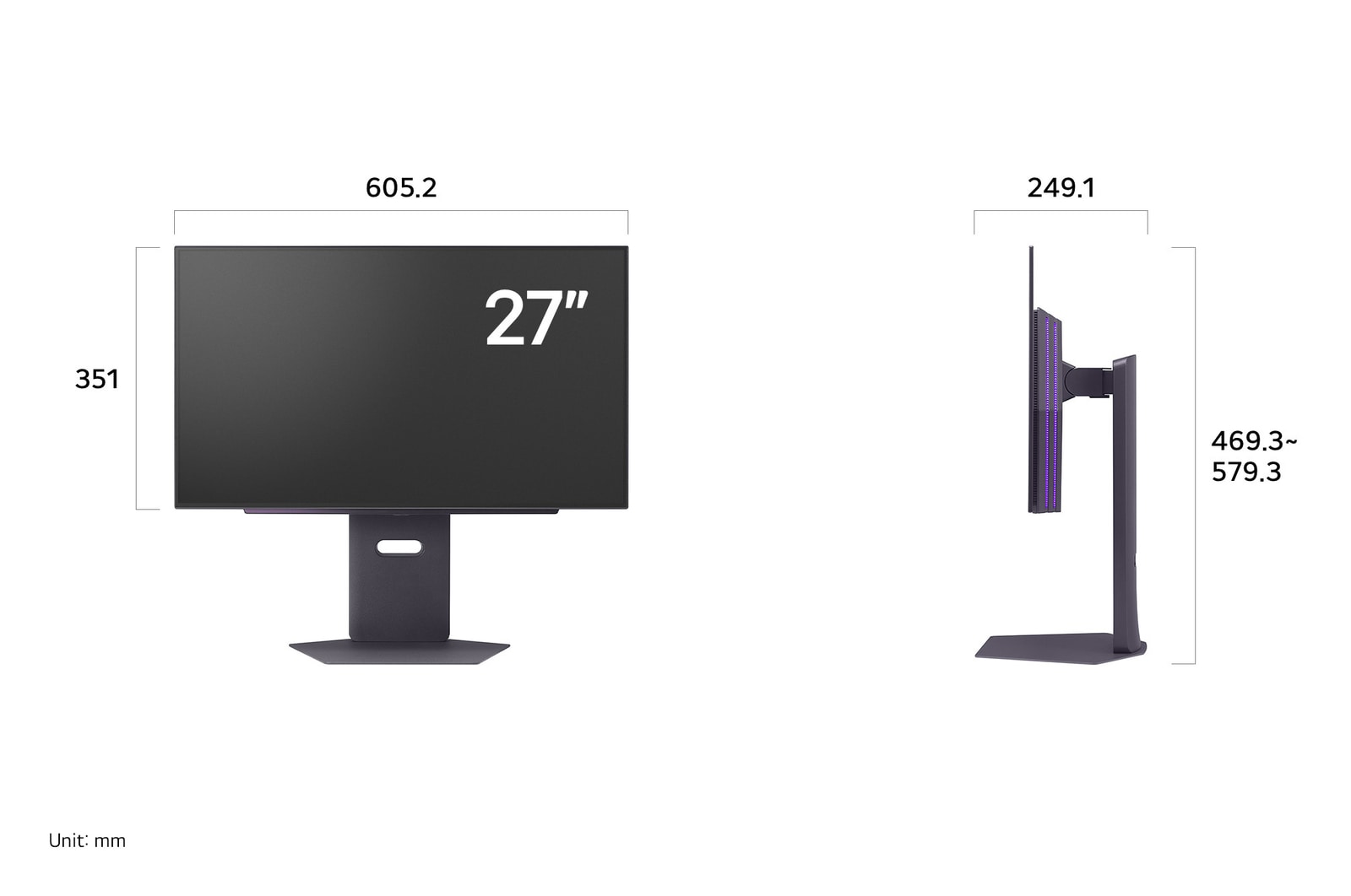 LG Monitor 27GX790A in a dark finish displaying product dimensions in front and side profile, measuring 605.2 mm width, 351 mm display height, 469.3 mm total height, and 249.1 mm depth.