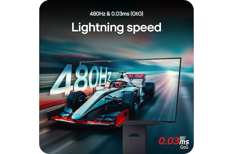 LG Monitor 27GX790A showcasing lightning-fast performance with a 480Hz refresh rate and 0.03ms (GtG) response time for ultra-smooth, high-speed gaming.