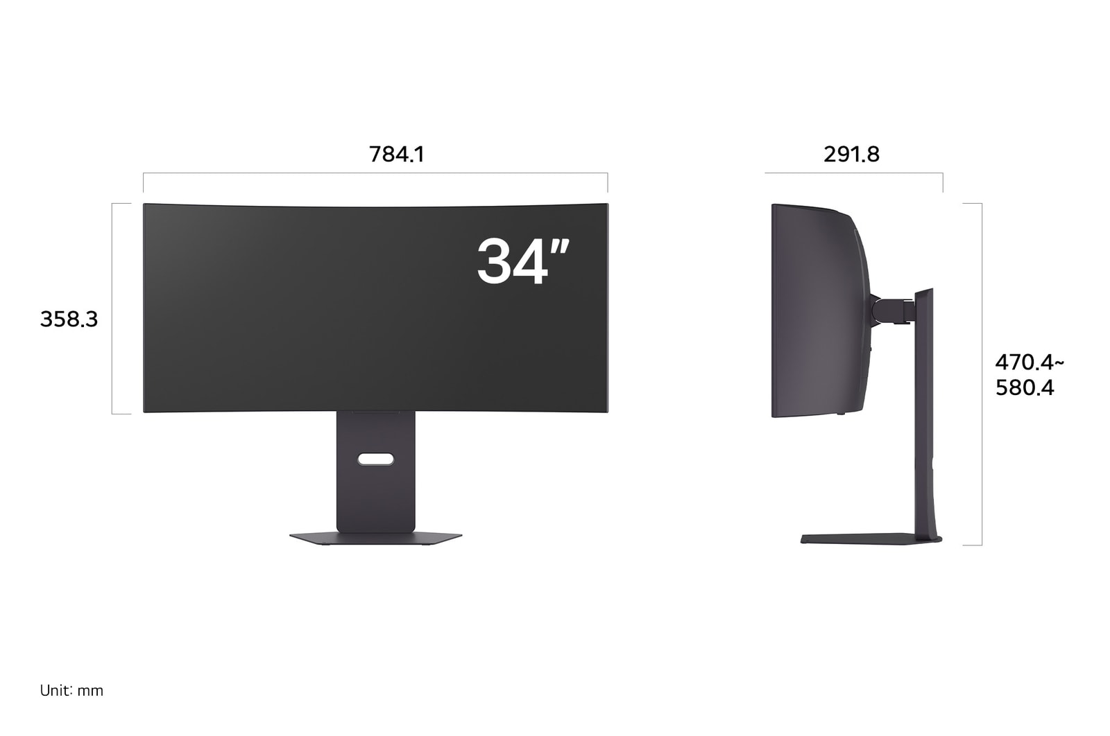 LG Monitor 34GX900A in a dark finish displaying product dimensions of the Curved Display, measuring 784.1 mm width, 358.3 mm display height, 470.4~580.4 mm total height, and 291.8 mm depth.