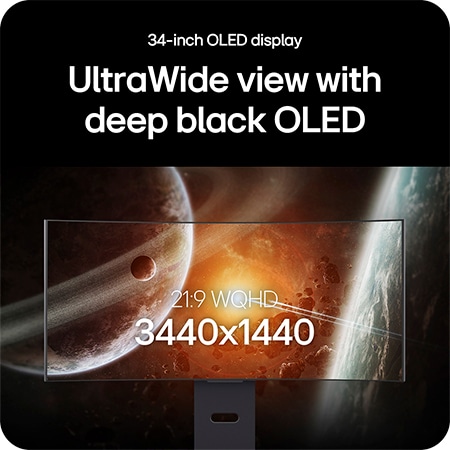 LG Monitor 34GX900A showcases the 34-inch UltraWide OLED display, highlighting 21:9 WQHD (3440x1440) resolution and deep black OLED technology for impressive visuals.