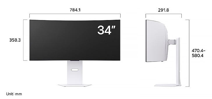 LG Monitor 34GX90SA in a white finish displaying product dimensions of the Curved Display, measuring 784.1 mm width, 358.3 mm display height, 470.4~580.4 mm total height, and 291.8 mm depth.
