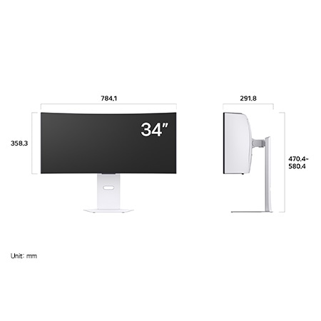 LG Monitor 34GX90SA in a white finish displaying product dimensions of the Curved Display, measuring 784.1 mm width, 358.3 mm display height, 470.4~580.4 mm total height, and 291.8 mm depth.