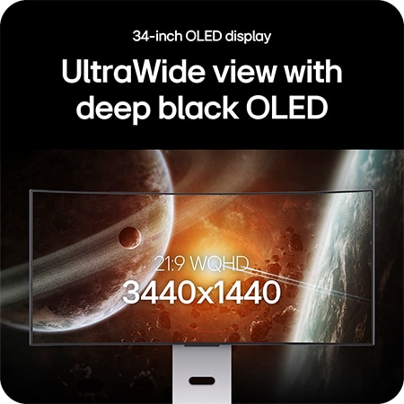 LG Monitor 34GX90SA showcases the 34-inch UltraWide OLED display, highlighting 21:9 WQHD (3440x1440) resolution and deep black OLED technology for impressive visuals.