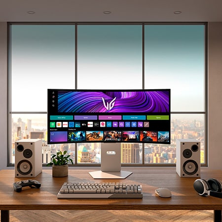 LG Monitor 34GX90SA in a white design positioned at the center of a modern desktop, displaying the webOS interface with gaming and streaming apps for versatile use.