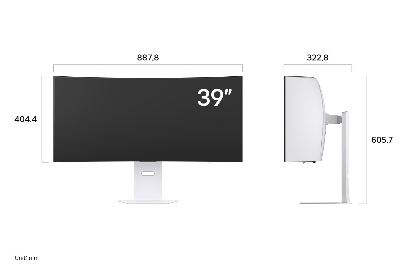 LG Monitor 39GX90SA in a white finish displaying product dimensions of the Curved Display, measuring 887.8 mm width, 404.4 mm display height, 605.7 mm total height, and 322.8 mm depth.