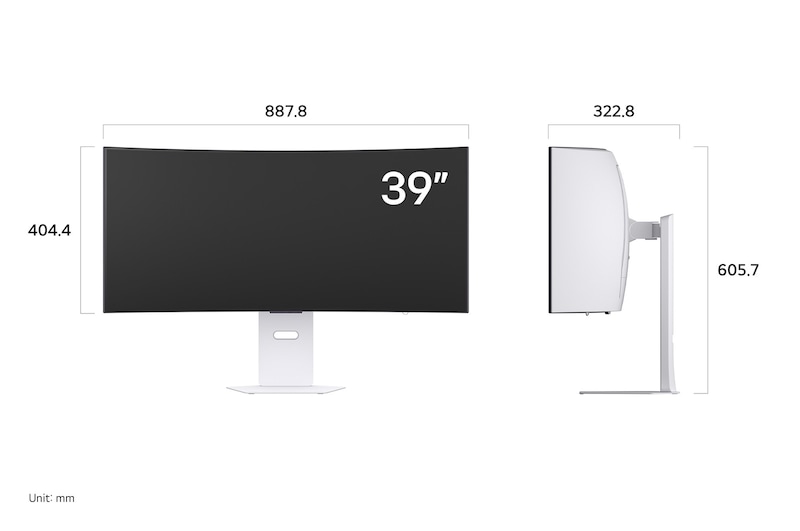 LG Monitor 39GX90SA in a white finish displaying product dimensions of the Curved Display, measuring 887.8 mm width, 404.4 mm display height, 605.7 mm total height, and 322.8 mm depth.
