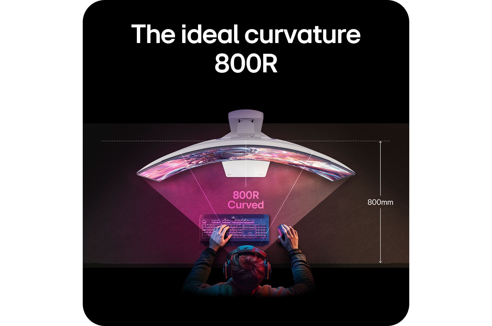 LG Monitor 39GX90SA showcasing the optimal 800R curvature, which embraces the user's field of view and delivers maximum immersion for gaming.