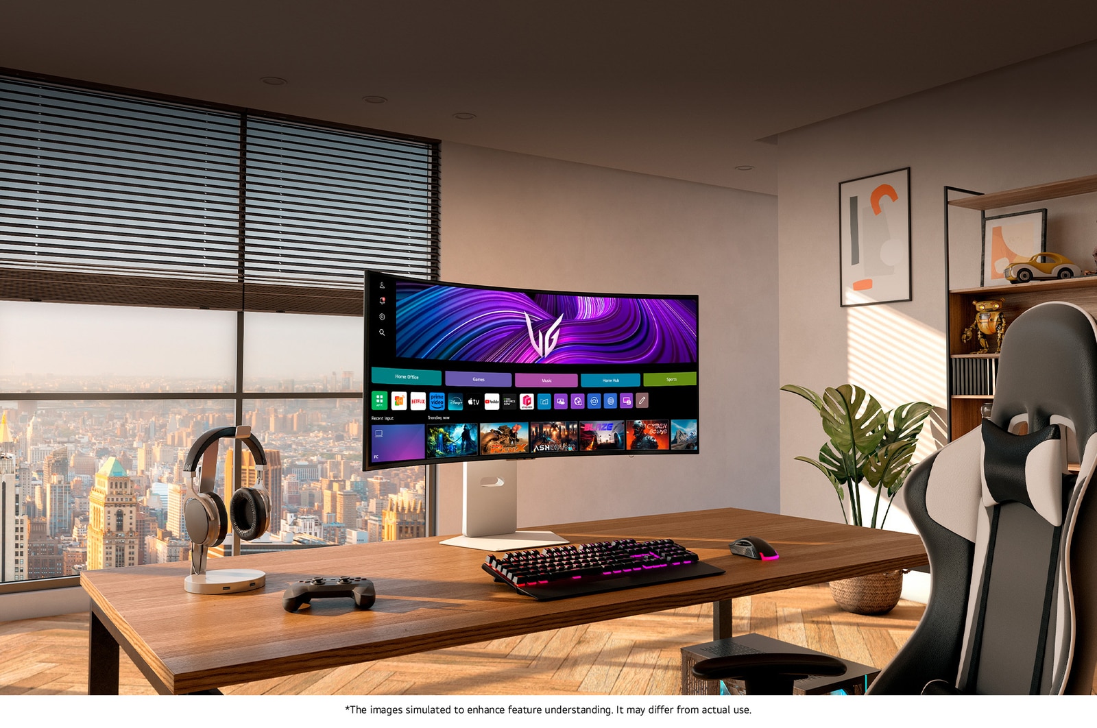 LG Monitor 39GX90SA in a white design positioned at the center of a modern desktop, displaying the webOS interface with gaming and streaming apps for versatile use.