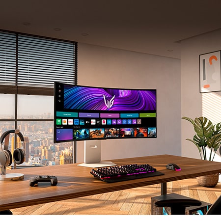 LG Monitor 39GX90SA in a white design positioned at the center of a modern desktop, displaying the webOS interface with gaming and streaming apps for versatile use.