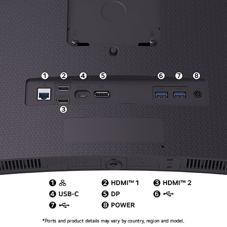 Rear view of the LG Monitor 45GX90SA-B in a dark finish, illustrating the port specifications including a LAN port, USB-C, DP, and dual HDMI™ ports.