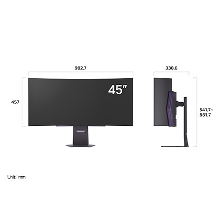 LG Monitor 45GX90SA-B in a dark finish displaying product dimensions of the 45-inch Curved Display, measuring 992.7 mm width, 457 mm display height, 541.7~661.7 mm total height, and 338.6 mm depth.