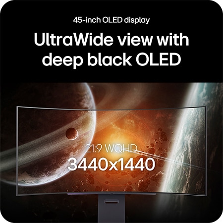 LG Monitor 45GX90SA-B showcases the 45-inch UltraWide OLED display, highlighting 21:9 WQHD (3440x1440) resolution and deep black OLED technology for impressive visuals.
