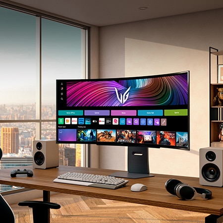 LG Monitor 45GX90SA-B as a 45-inch UltraWide OLED Display is positioned in a premium setup with a city view, showing the webOS interface with gaming and streaming apps.