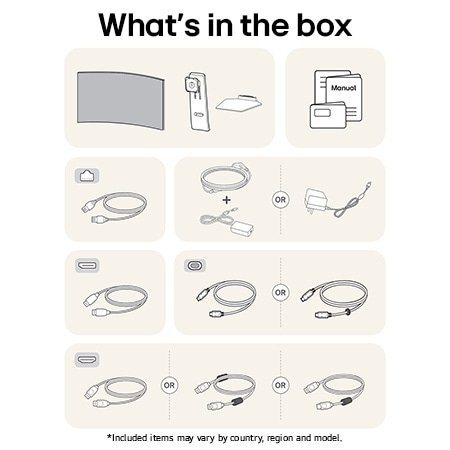 LG Monitor 45GX90SA-B showing an overview of all included components, including the monitor body, stand parts, manual, power adapter, and USB-C, DP, and HDMI cables.