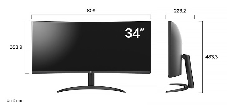 LG Monitor 34WR50QK in a black finish displaying product dimensions in front and side profile, measuring 809 mm width, 358.9 mm display height, 483.3 mm total height, and 223.2 mm depth.