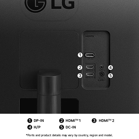 Rear view of the LG Monitor 34WR50QK in a black finish, illustrating the port specifications including DP-IN, two HDMI™ ports, H/P port, and DC-IN power input.