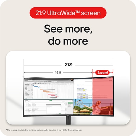 LG Monitor 34WR50QK showcases the 21:9 UltraWide™ screen, offering more screen real estate for multitasking and expanded functions.