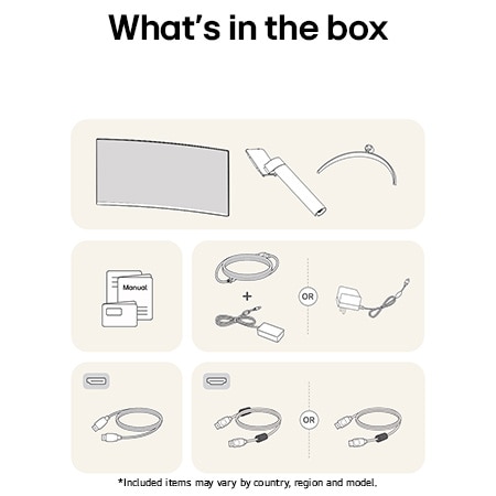 LG Monitor 34WR50QK showing an overview of all included components, including the monitor body, stand parts, manual, and HDMI and DP cables.
