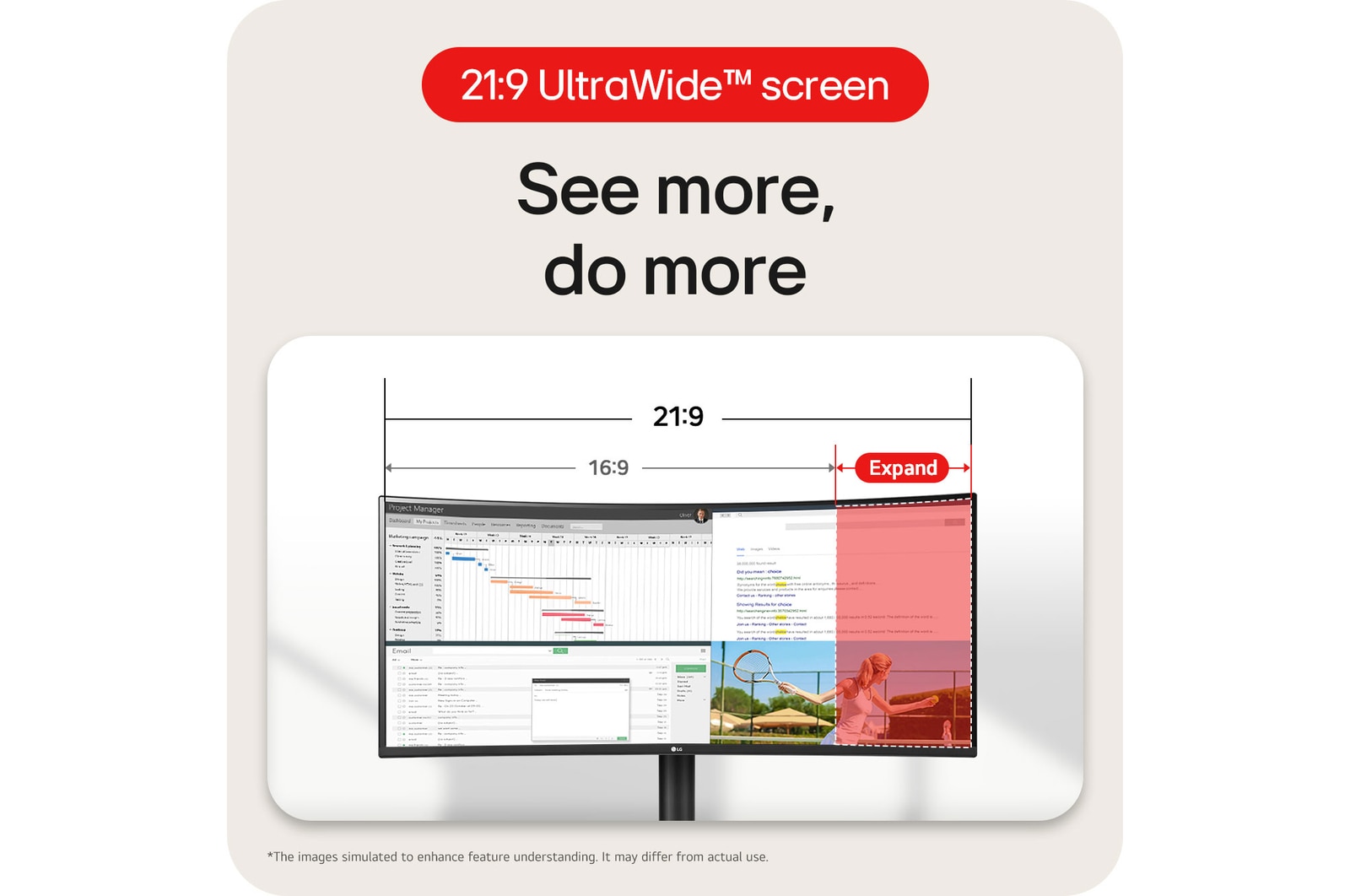 LG UltraWide Monitor 34WR55QK showcasing the 21:9 UltraWide™ screen, which provides an expanded workspace for multitasking compared to 16:9.